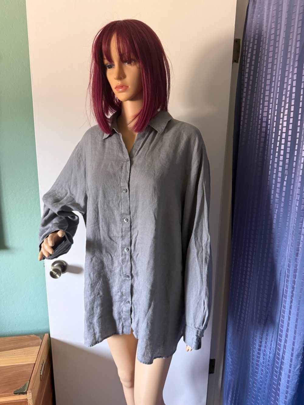 J Jill Love Linen Shirt Gray Oversized Button Up 100% Linen Bust 56